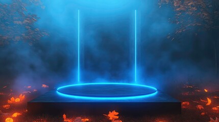 Glowing blue and orange lights in mysterious foggy forest scene, abstract and mystical atmosphere with circular illuminated object