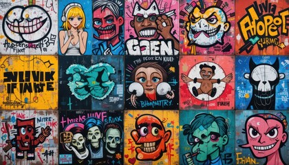 Vibrant Urban Street Art Collage A Colorful Fusion of Graffiti, Characters, and Pop Culture Icons