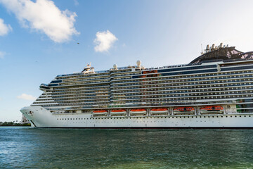 Cruise ship voyage. Majestic view of cruise in summer vacation. Cruise ship tour and travel at sea....