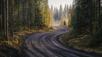 Obraz premium A serene gravel track winds through a lush forest, showcasing the beauty of nature. The light mist and gentle curves create a peaceful atmosphere perfect for exploration.