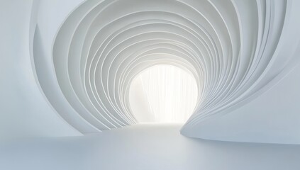Abstract white tunnel, swirling architectural design, light at end.