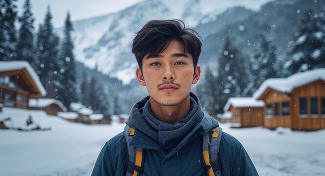 20s Asian boy portrait winter vacation nature concept background with copy space