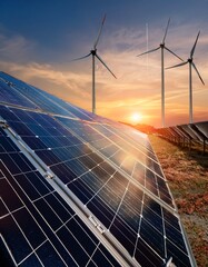 Solar panels of power station and wind turbines