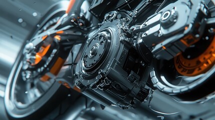 Fototapeta premium Abstract close-up of a futuristic motorcycle engine showcasing intricate mechanical details and sleek design elements