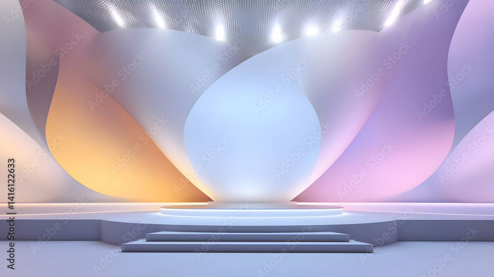 Poster abstract event stage backdrop with pastel gradient and geometric shapes