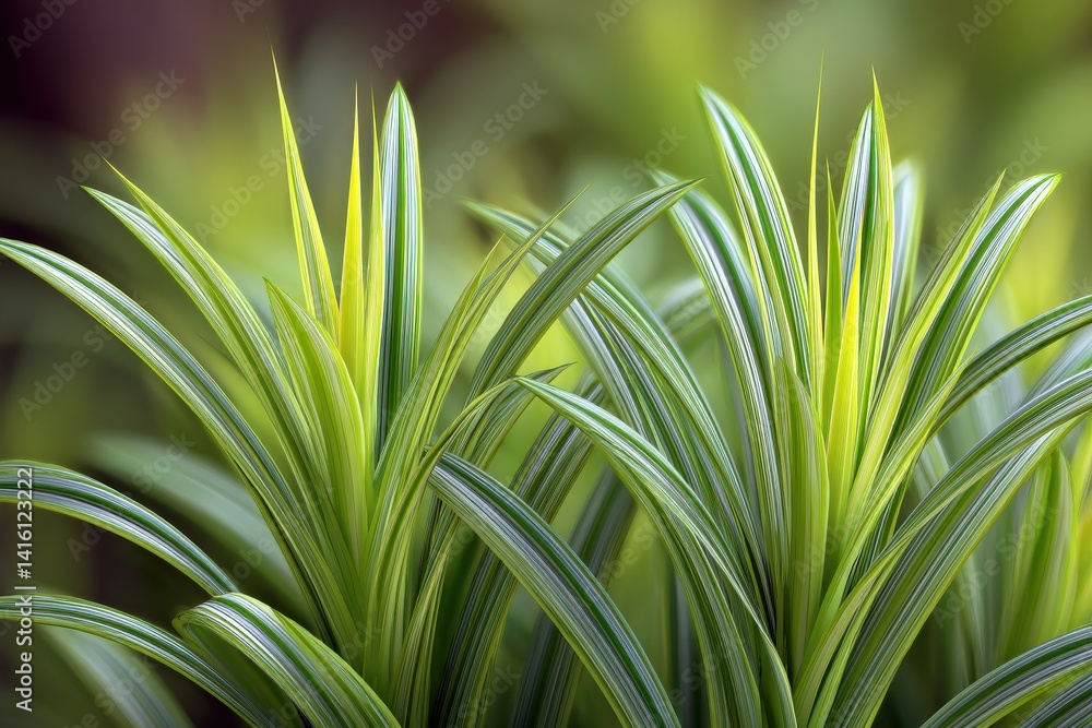 Poster closeup of lush green spiky foliage in symmetrical radial layout against dark blurred background in 