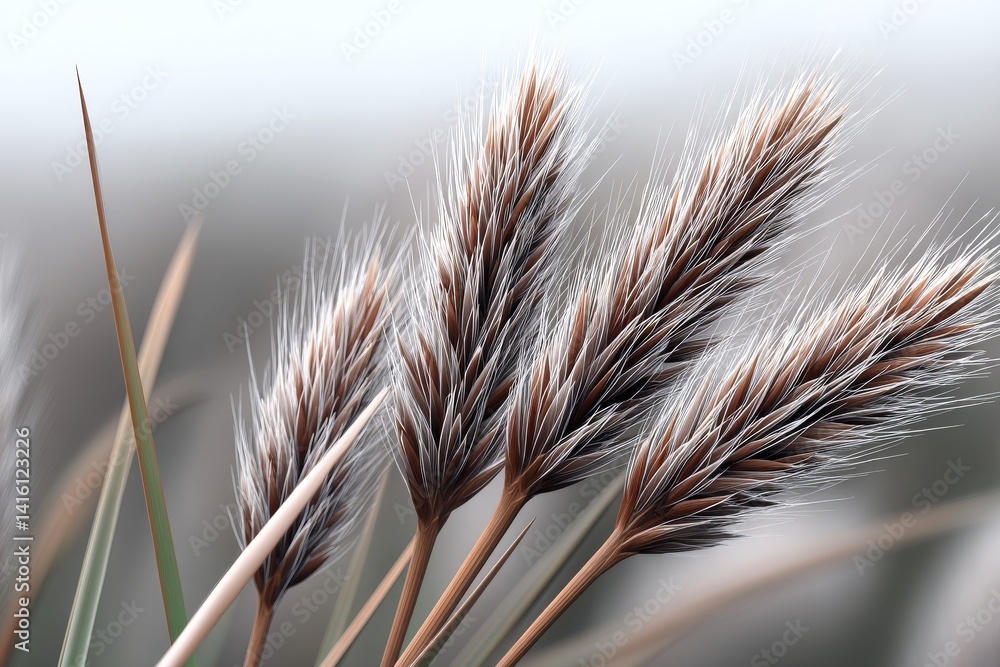 Poster closeup of three frosted wild grass stems against soft bluish background in cold macro capture symbo