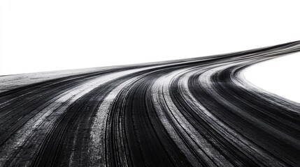 Abstract view of black tire marks on smooth surface with white background for artistic and automotive concepts