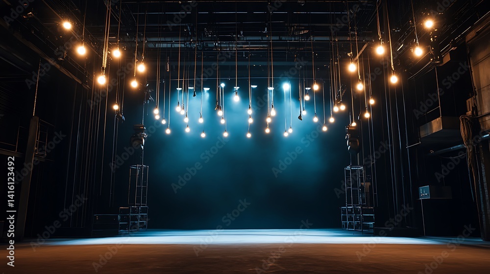 Poster empty stage with lights and dark backdrop for performance