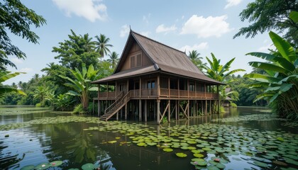 Obraz premium Serene Tropical Houseboat on Still Water, Lush Green Foliage