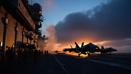 Coordinated Military Aircraft Takeoffs at Dawn on Carrier Deck Generative AI