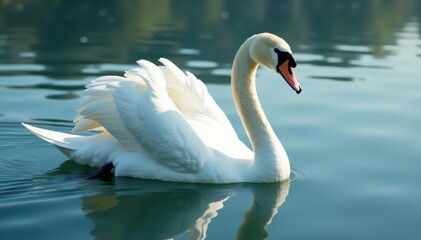 Fototapeta premium Graceful white swan glides on calm lake water, wildlife photography, wildlife, wild