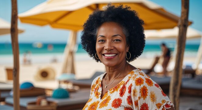 middle age black African woman portrait happy summer spring break vacation concept background with copy space
