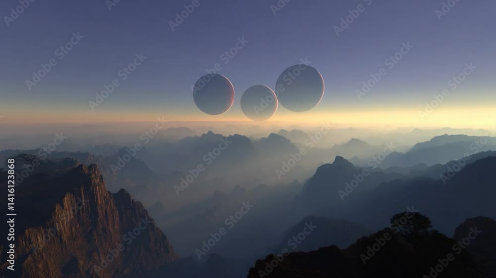 Poster alien planet with three moons casting shadows at twilight generative ai