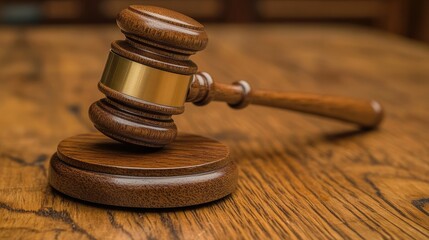 A wooden gavel with golden band rests on its stand on a textured wooden surface