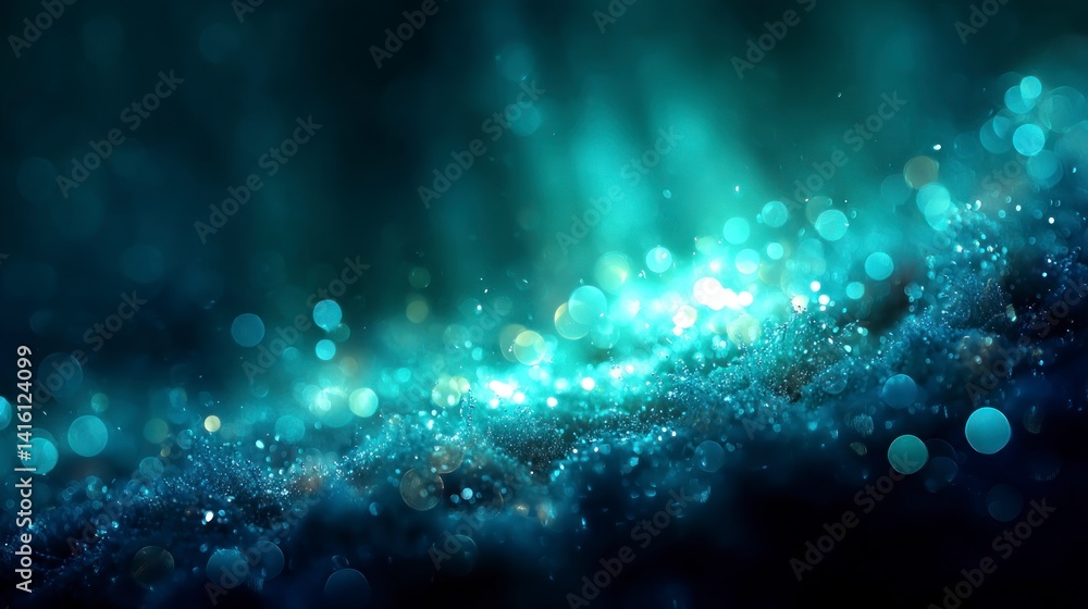 Poster abstract light sparkle glittering background with bokeh effect in turquoise blue