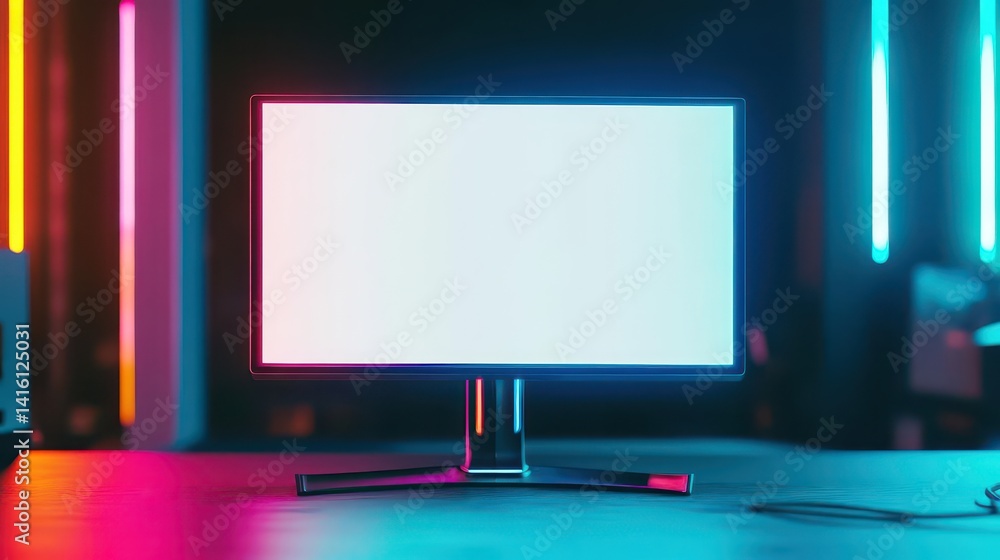 Aufkleber blank mockup of a monitor in a gaming setup with colorful led lights