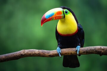 A colorful toucan is perched on a wooden tree branch