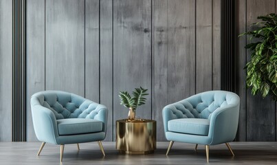 Two blue upholstered chairs and a decorative table are displayed beautifully