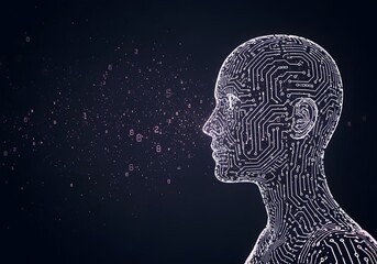 AI robot concept illustration. Cyber ​​human portrait. Technology and human communication theme wallpaper. For technology magazine, poster, leaflet, wallpaper, printing. DPI 300