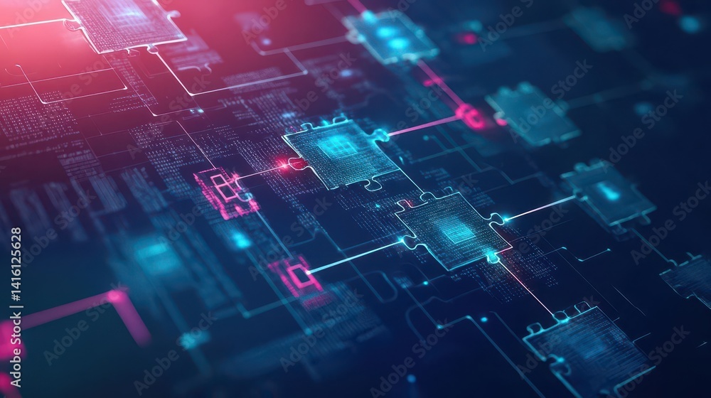 Poster Blockchain technology Blockchain technologies word with a connected line of jigsaw puzzle