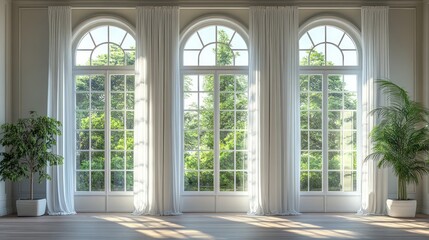 Fototapeta premium Elegant interior with arched windows, flowing curtains, and lush greenery