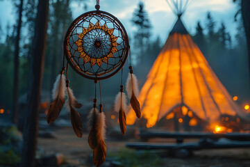 Dream catcher hanging in front of a teepee at night