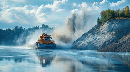 Heavy machinery in the water amidst a scenic landscape of extraction area