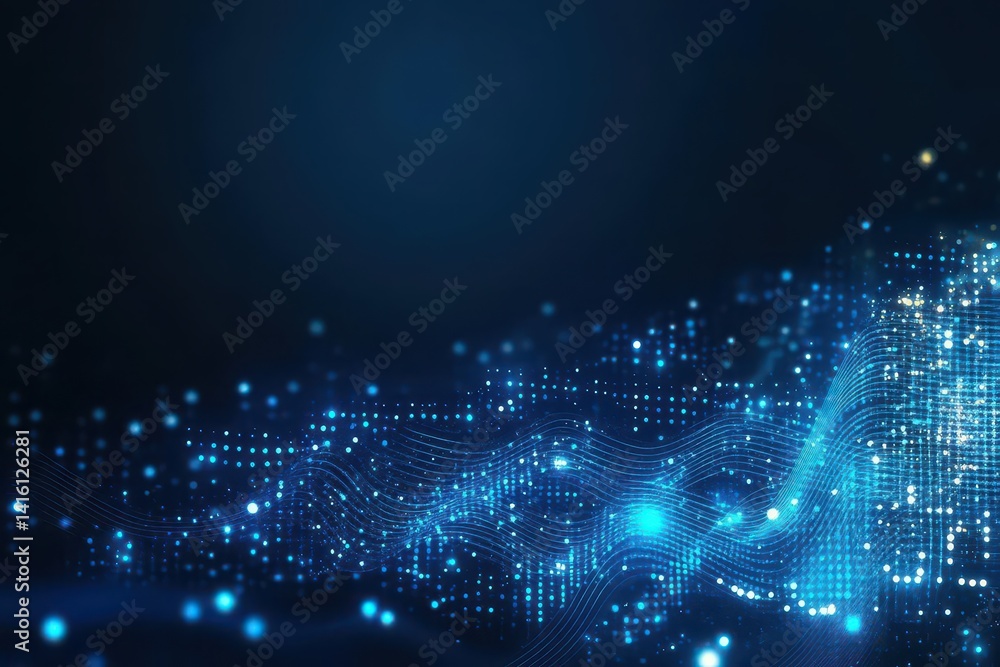 Aufkleber blue glowing background with digital waves and dots, data or technology concept