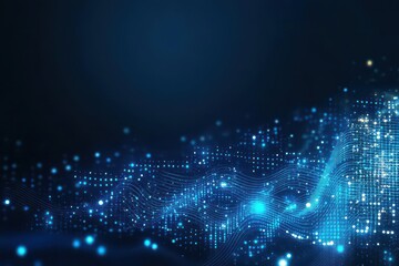 Fototapeta premium Blue glowing background with digital waves and dots, data or technology concept