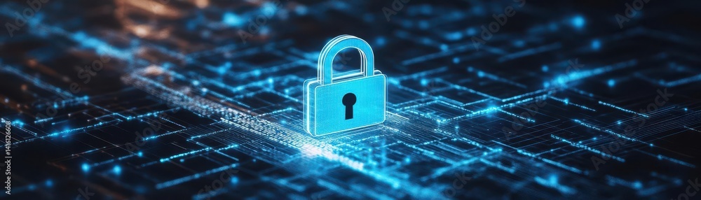 Poster Blue lock icon in cyber network data stream background for security technology protection concept