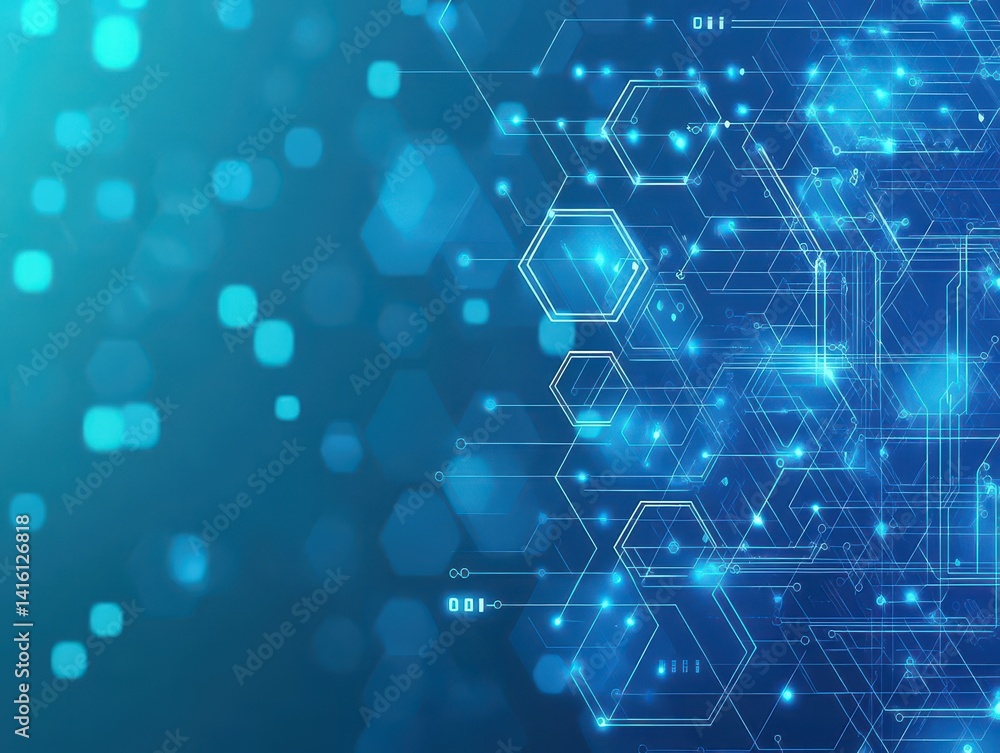 Poster blue tech background featuring circuit lines and hexagons, vector design for business, technology, o