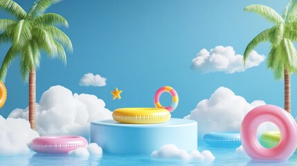 Tropical summer beach inflatable rings display stand