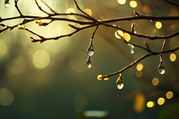 Branch with water droplets and bright bokeh lights in the background