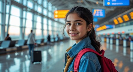 teen latin Hispanic girl portrait airport terminal waiting happy travel concept background with copy space