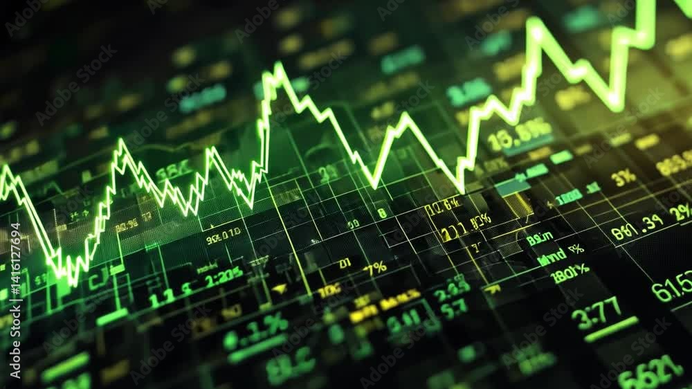 Poster dynamic digital financial chart analyzing stock market data and growth trends in investment analytic