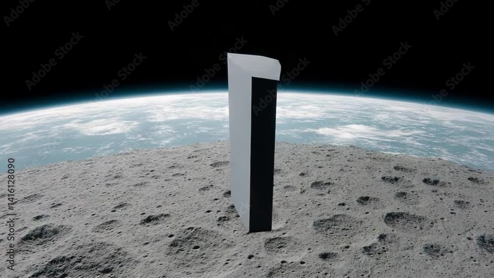 Poster suspended alien monolith near distant moon in zero gravity generative ai