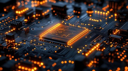 Glowing technology featuring a chip on a circuit board. Orange lights shine bright