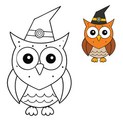 A cute owl wearing a Halloween hat, with big round eyes and fluffy feathers, perched on a branch under the moonlight, adding charm to the spooky season.
