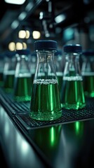 Rows of flasks filled with vivid green liquid inside a laboratory setting, ready for experimentation