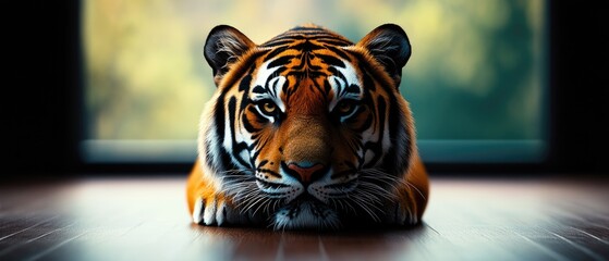 Tiger rests indoors on wooden floor, staring intently, with blurred background