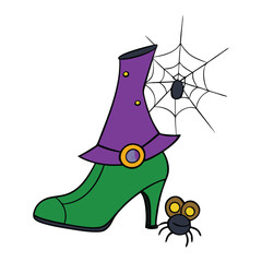 A spooky scene with a witch's legs in black shoes, standing tall. A creepy spider crawls up, adding a chilling touch to the dark, eerie atmosphere. Perfect for Halloween vibes.