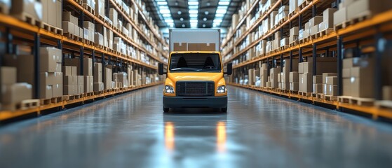Delivery truck in warehouse with shelves of cardboard boxes