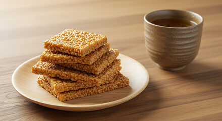 A stack of honey sesame squares sits on a wooden plate alongside a small cup of tea, inviting a moment of sweet relaxation.