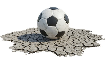 Soccer ball with cracked earth surface, on white background