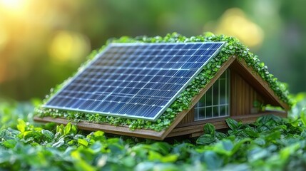 Fototapeta premium Tiny house model, solar panel roof covered with green leaves, outdoors