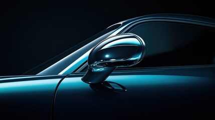 Sleek Car Mirror with Glossy Finish and Dramatic Lighting Displaying Modern Automotive Design Elements