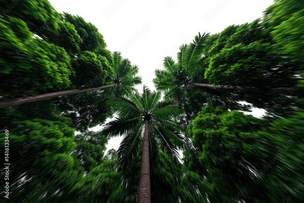 Poster forest canopy viewed from below with tall trees converging to central point creating radial blur eff