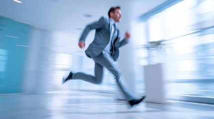Businessman Running Fast in Modern Office Hallway with Motion Blur