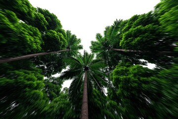 Forest canopy viewed from below with tall trees converging to central point creating radial blur effect in green tone showing motion and nature in conceptual aerial perspective